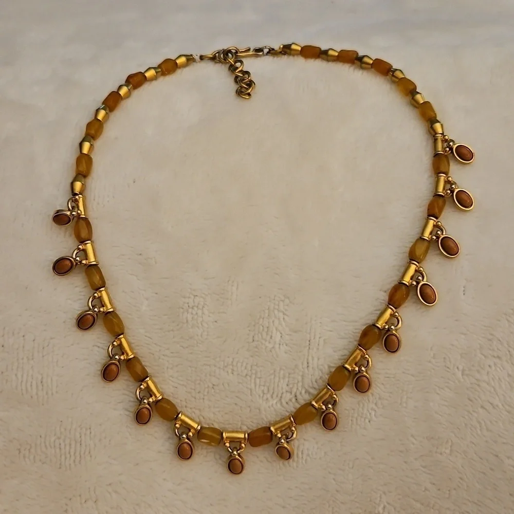 Vtg MONET Two-tone Matte Gold and Burnt Orange Beaded Charm Necklace